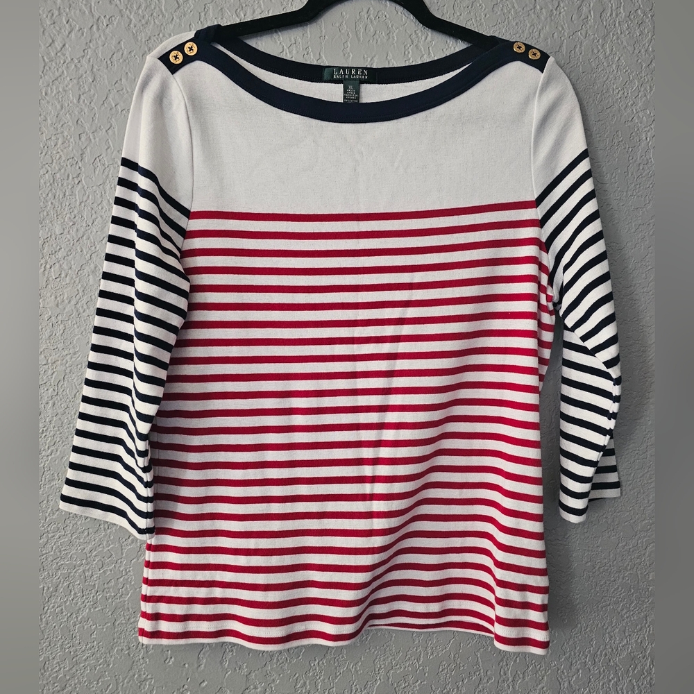 Lauren Ralph Lauren Nautical Tee XL Long Sleeve Red,blue, And White